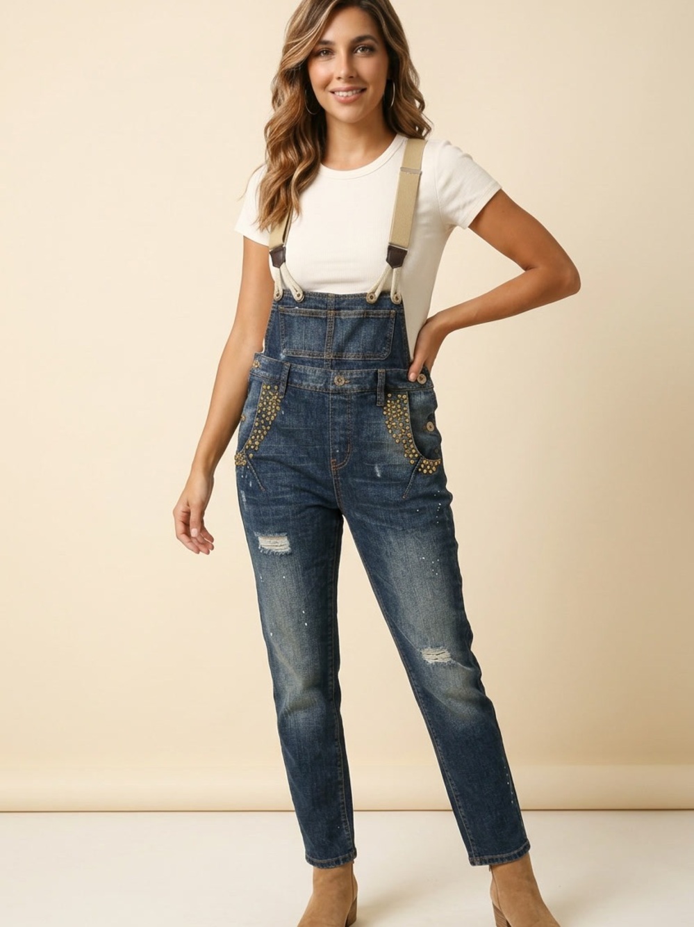 Guess Dark Blue Studded Denim Overalls